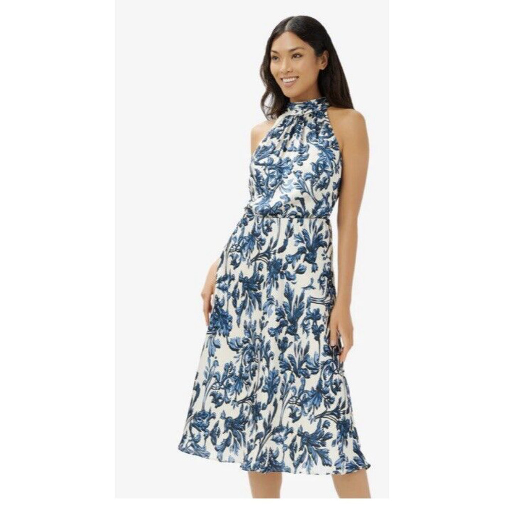 Adrianna Papell Printed Bias Halter Dress, Blue, Size 12, Retail $169